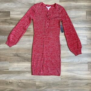 3/$15 Red Ribbed metallic accent dress w lace up detail in front & stretch M jrs
